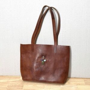 Two Bar West Leather Tote Bag Brown Southwestern Cross Stone Boho Western Purse